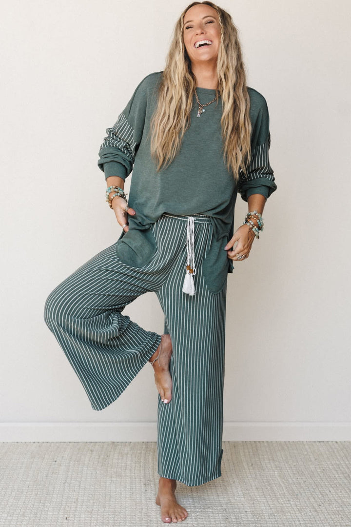 Green Bay Raw Seam Patchwork Long Sleeve Top Pocket Casual Pants 2pcs Set
