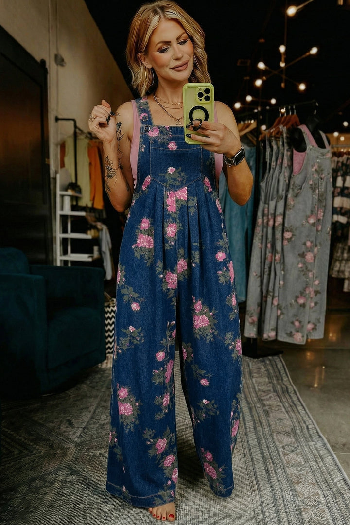Blue Beau Floral Print Pleated High Waist Wide Leg Denim Jumpsuit