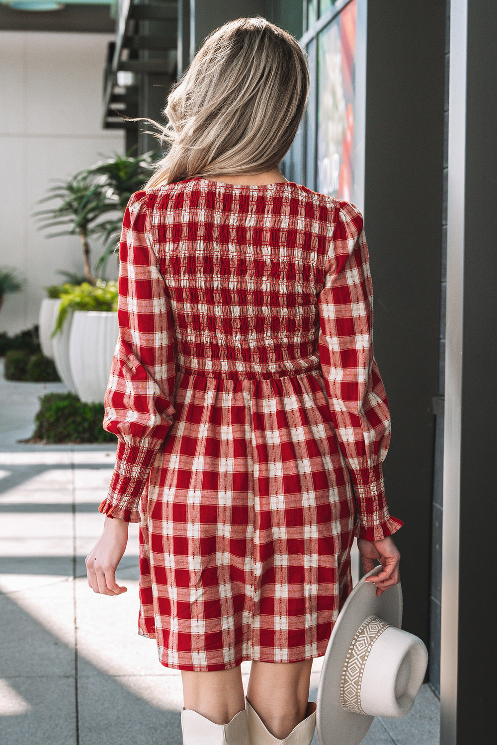 Plaid Print Smocked Puff Sleeve Mini Dress