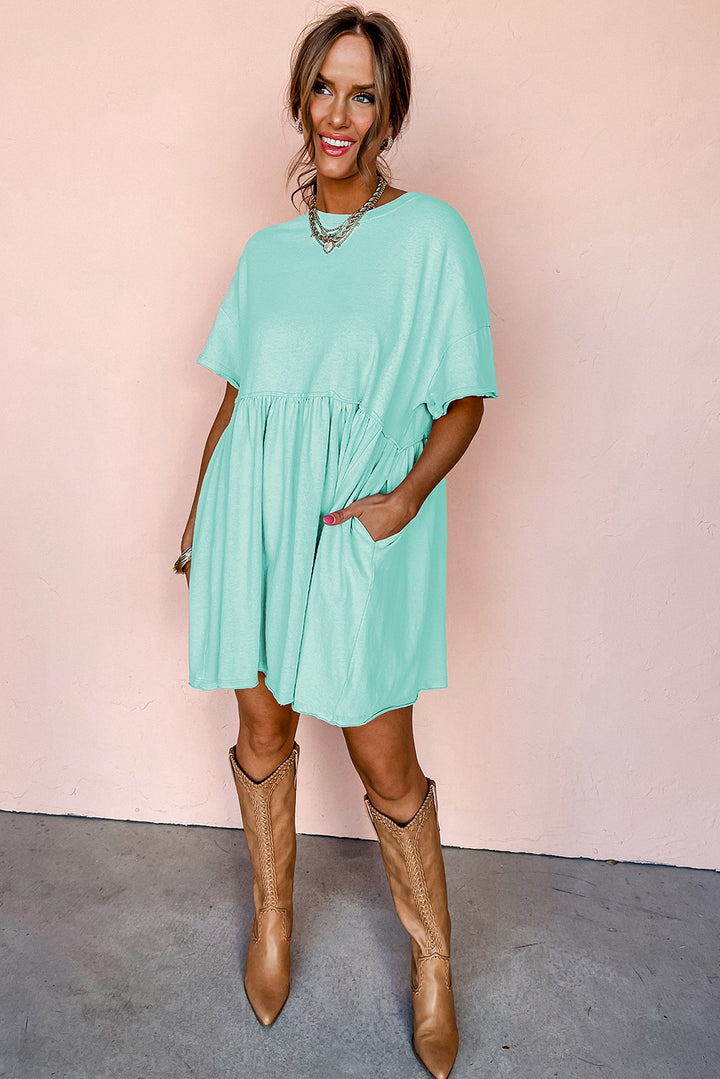 Moonlight Jade Solid Color Pocketed Raw Edge Babydoll Dress