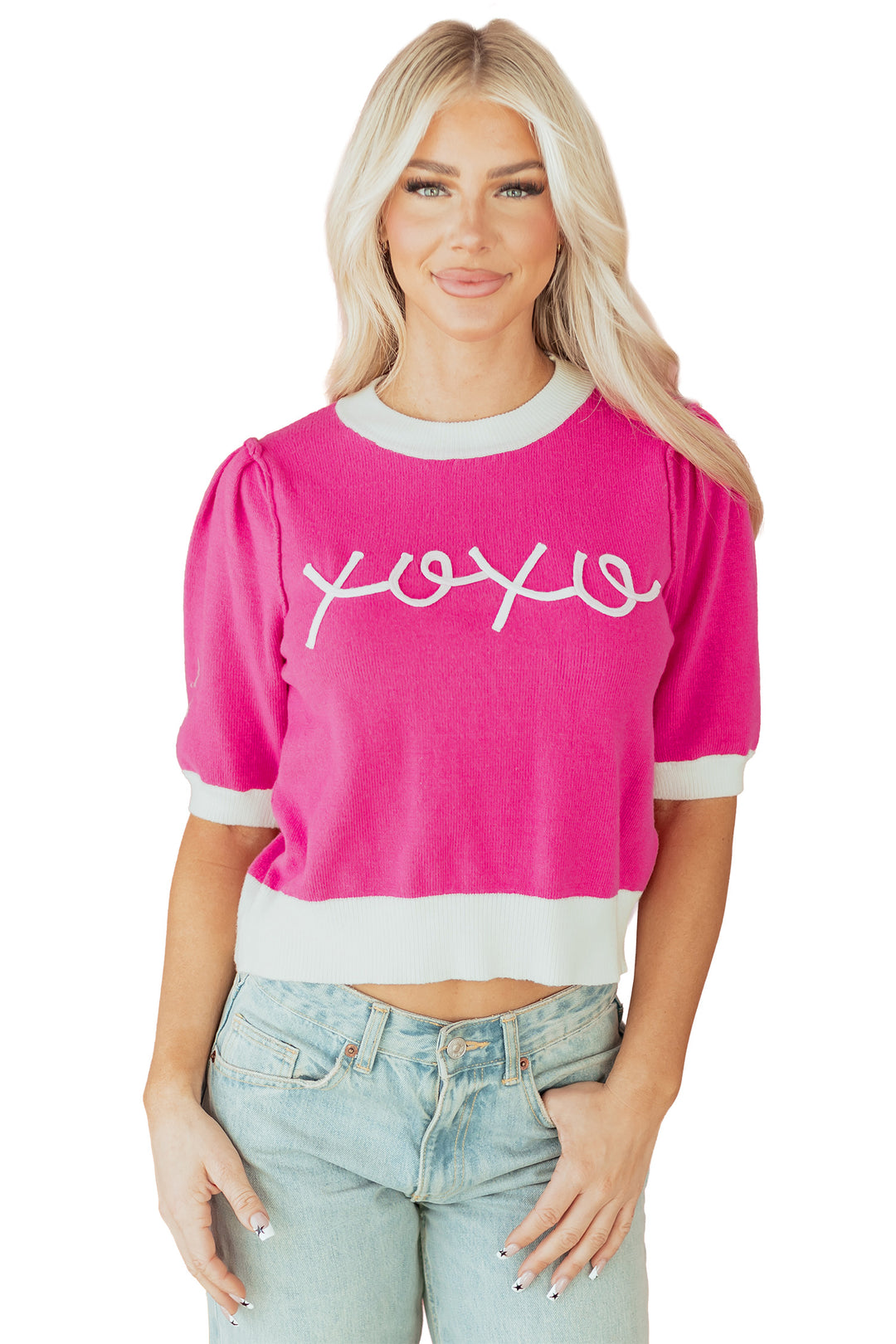 XOXO Embroidered Graphic Valentines Contrast Trim Crew Neck Short Puff Sleeve Sweater Tee