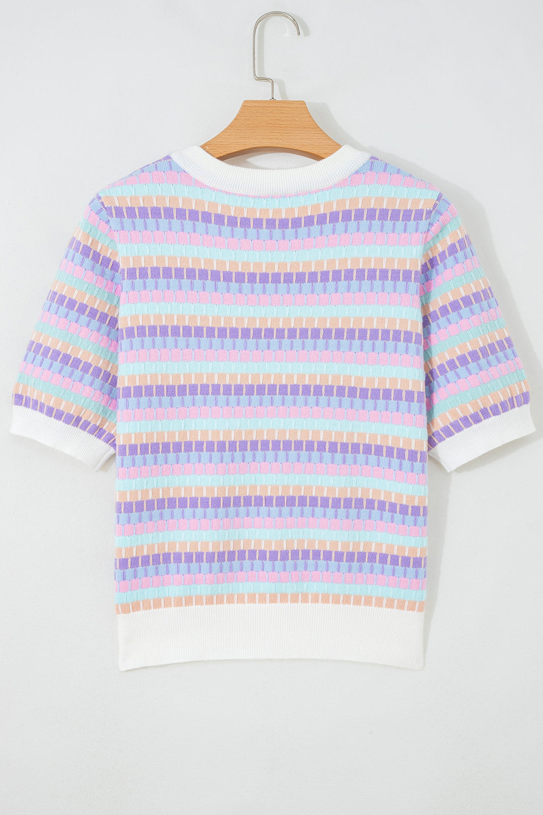 Purple Abstract Striped Knit Short Sleeve Sweater