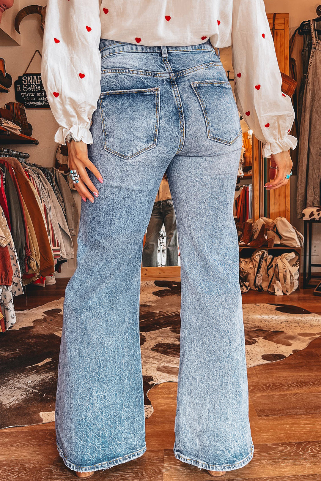Fashion Beau Blue Acid Wash Pocket Detail Flare Jeans