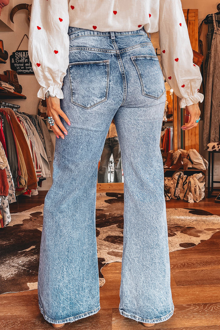 Fashion Beau Blue Acid Wash Pocket Detail Flare Jeans