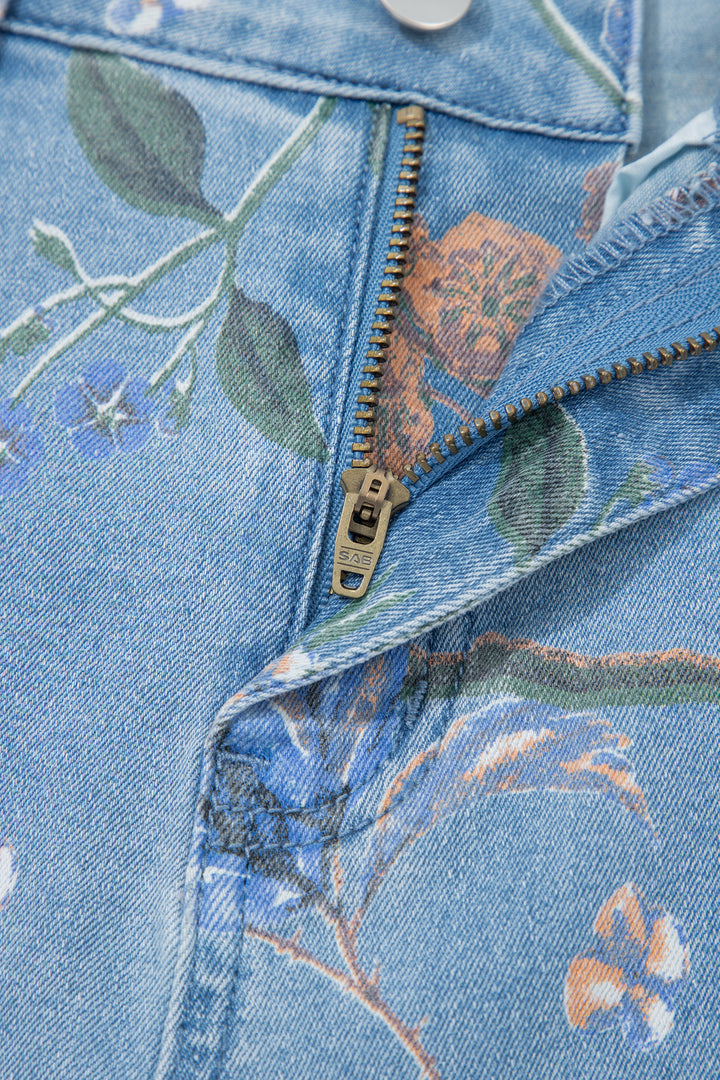 Sky Blue Retro Floral Print Frayed Hem Shift Jeans
