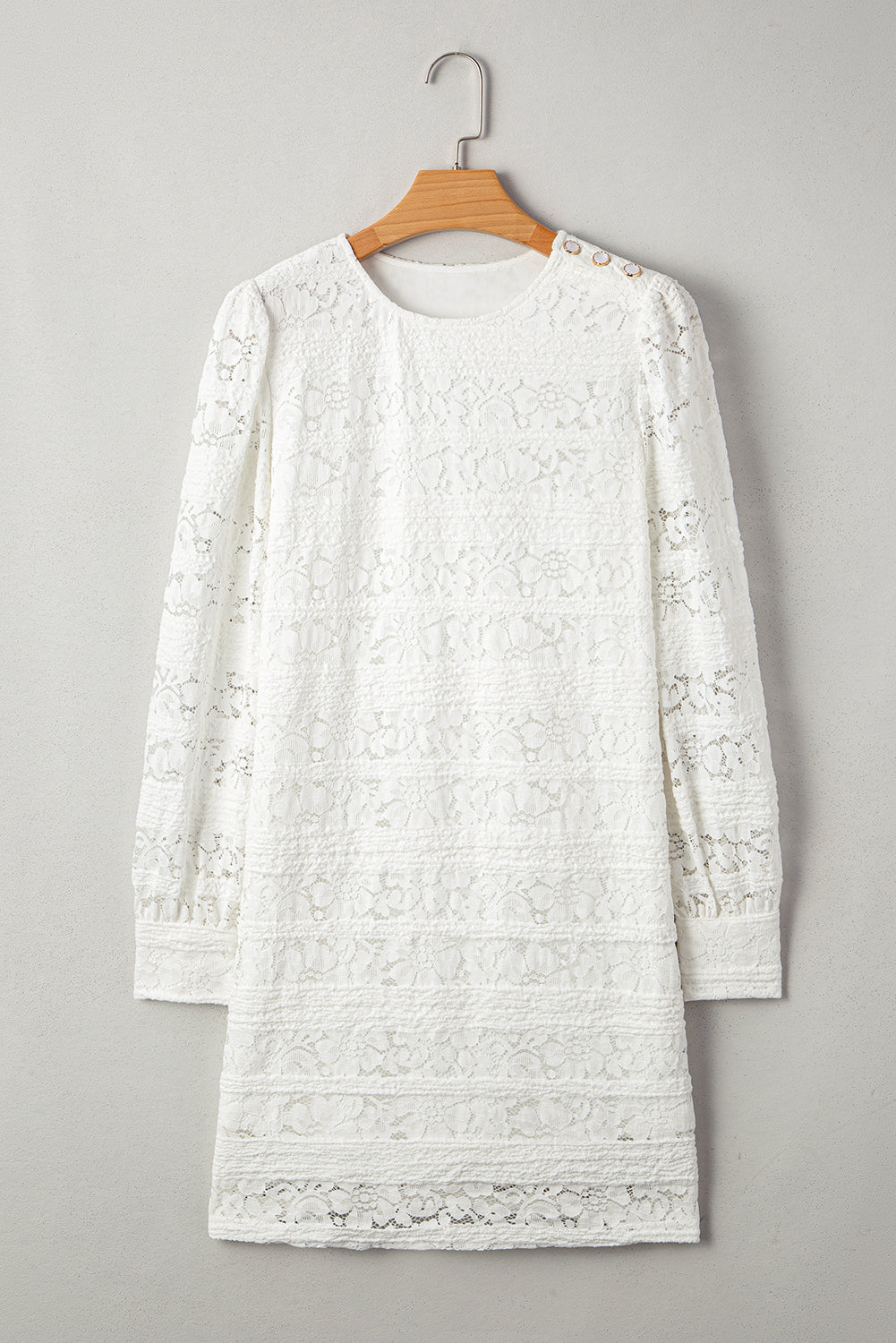 Chic White Lace Crochet Round Neck Puff Sleeve Shift Mini Dress