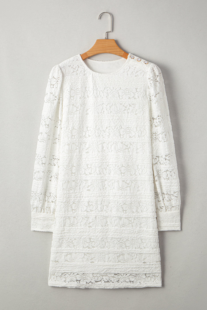 Chic White Lace Crochet Round Neck Puff Sleeve Shift Mini Dress