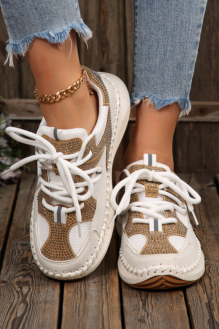 Rhinestone Embellished Color Block Patchwork Lace-up Breathable Sneakers