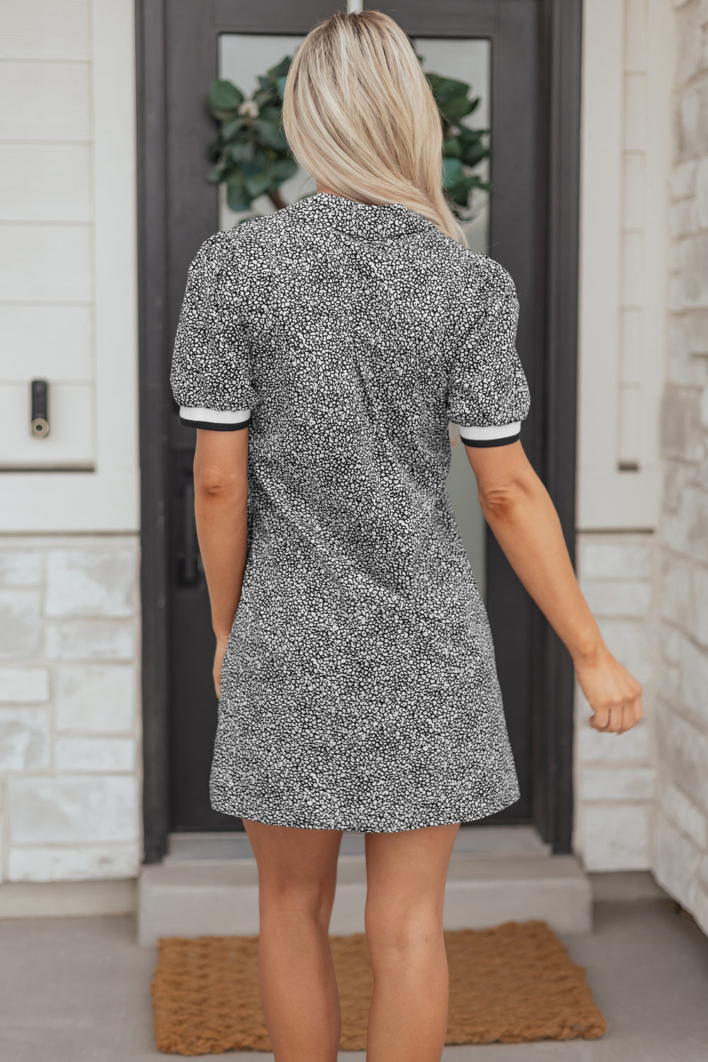Leopard Print Contrast Striped Trim Polo Collar Short Sleeve Dress with Pockets