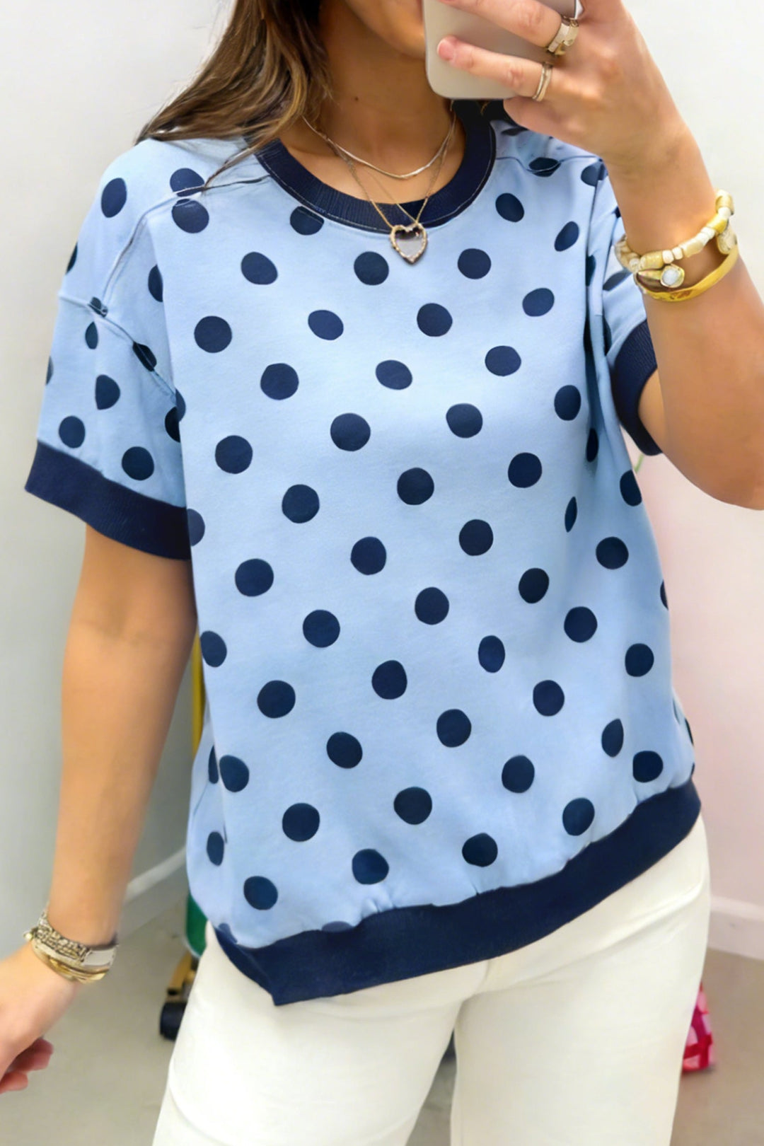 Blue Color Block Trim Polka Dot Casual Tee
