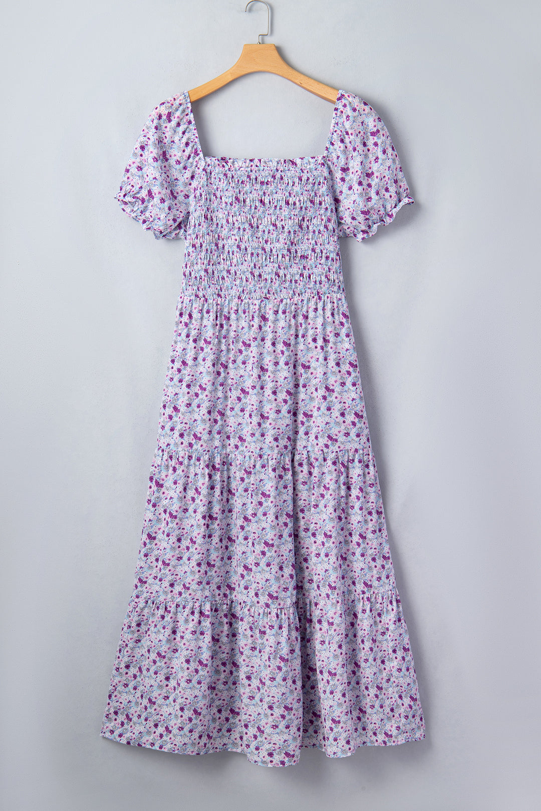 Purple Plus Size Floral Print Square Neck Smocked Maxi Dress