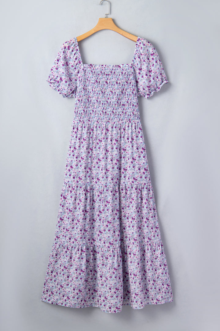 Purple Plus Size Floral Print Square Neck Smocked Maxi Dress