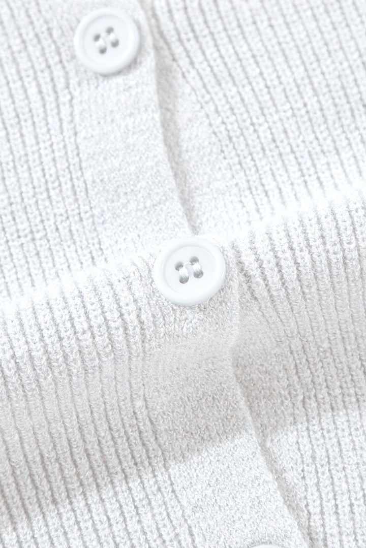 White Lightweight Ribbed Knit Button Front V Neck Cardigan