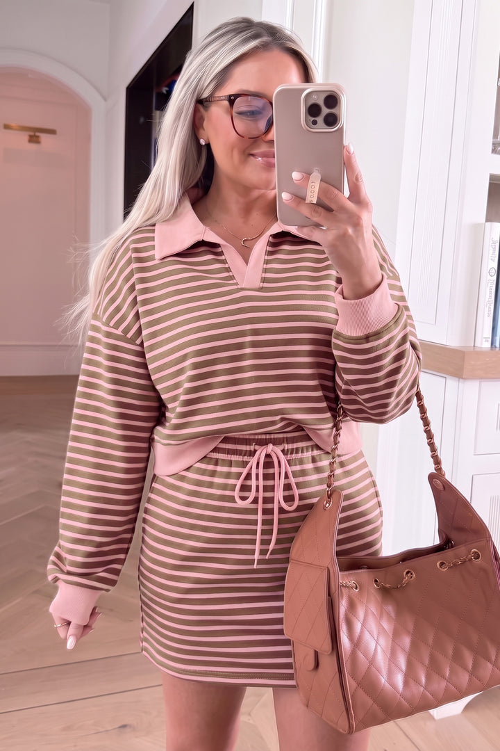Brown Striped Drawstring Waist Long Sleeve Top Mini Skort Set