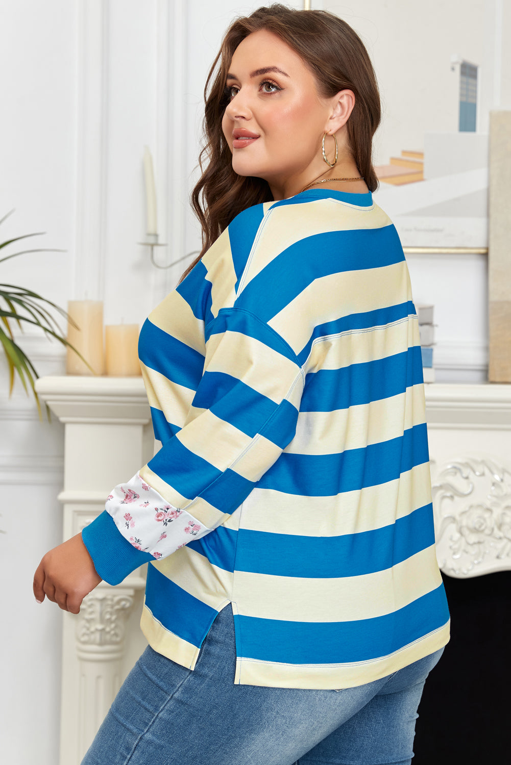Blue Stripe Floral Color Block Drop Shoulder Plus Size Pullover Top