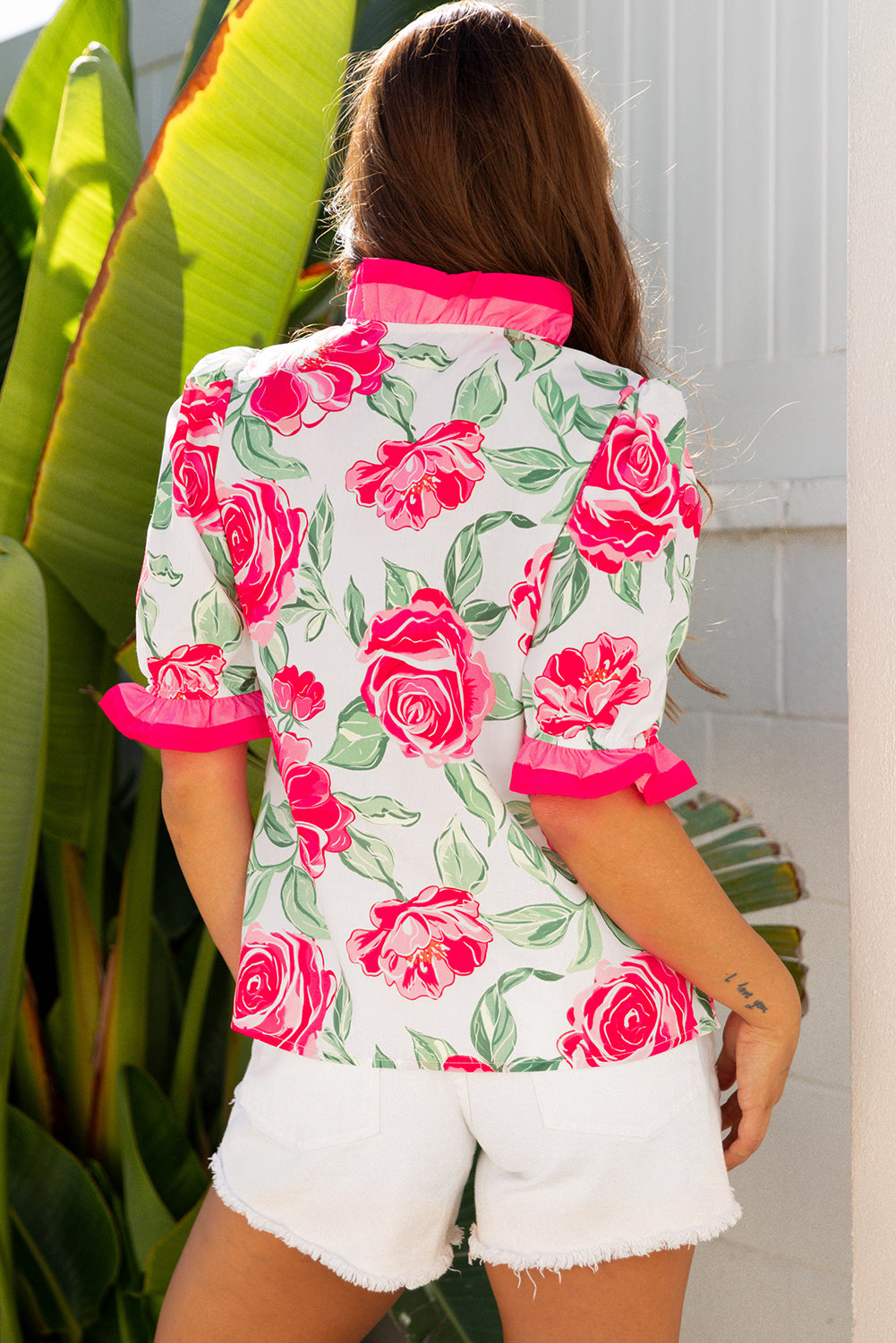 Floral Frilled V Neck Short Sleeve Blouse Top