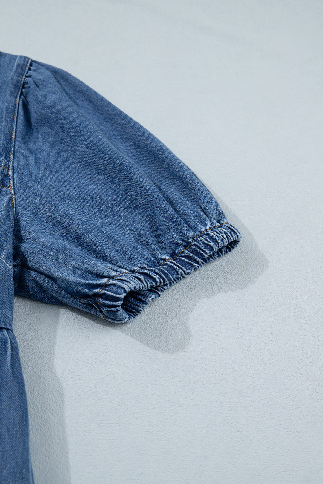 Blue Button Square Neck Short Puff Sleeve Denim Mini Dress