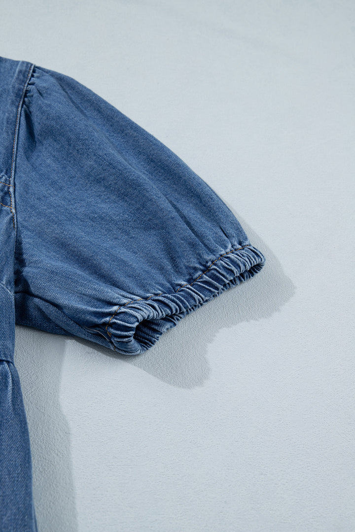 Blue Button Square Neck Short Puff Sleeve Denim Mini Dress