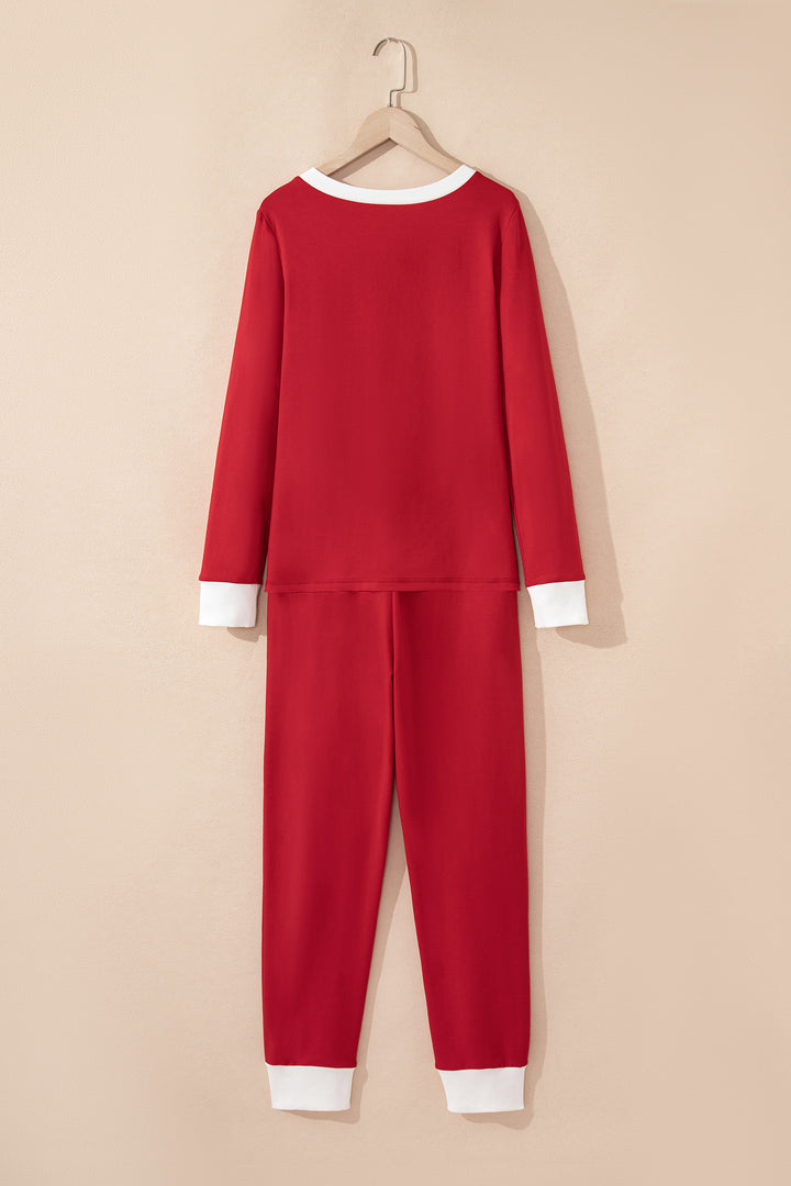 Fiery Red Contrast Trim Button V Neck Ribbon Bow Knot Waist 2pcs Lounge Pant Set