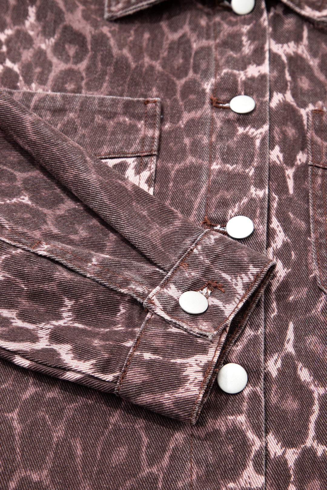 Khaki Oversized Leopard Print Long Sleeve Patch Pocket Denim Jacket