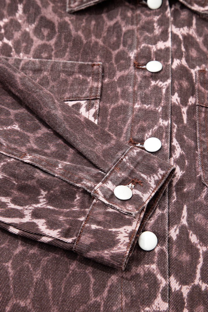 Khaki Oversized Leopard Print Long Sleeve Patch Pocket Denim Jacket