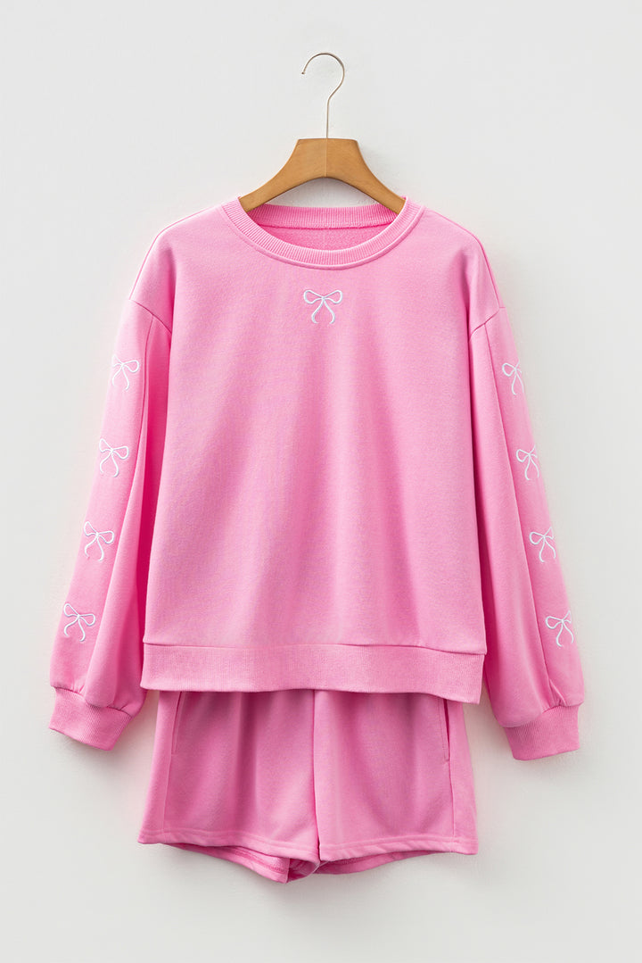 Sachet Pink Girly Bow Embroidered Detail Puff Sleeve Pullover 2pcs Short Set