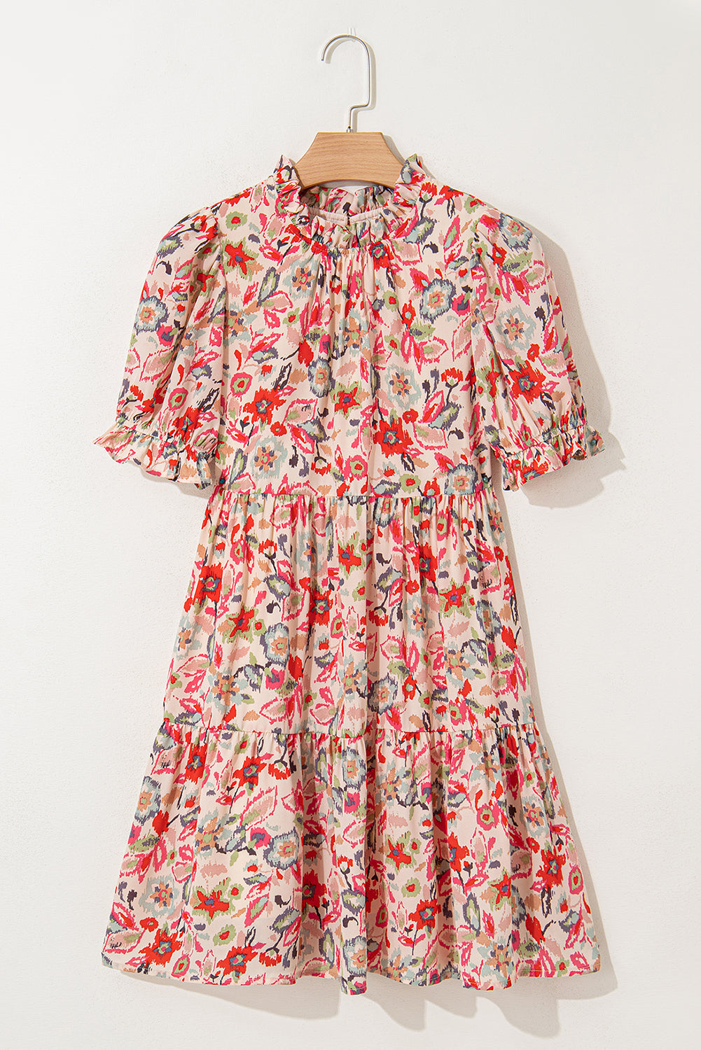 floral print frilled neck puff sleeve high waist dress