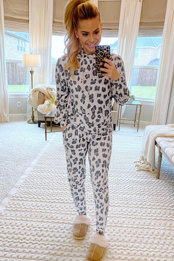 leopard print drawstring hoodie and skinny pants lounge set