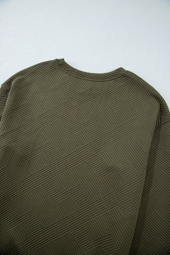 Jungle Green Solid Color Textured Round Neck Drop Shoulder Pullover Sweatshirt
