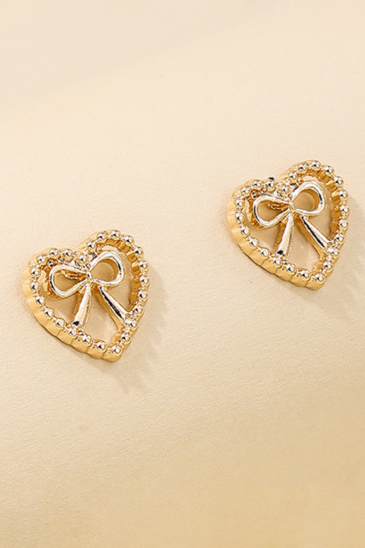 Bow Decor Heart Shape Plate Alloy Stud Earrings