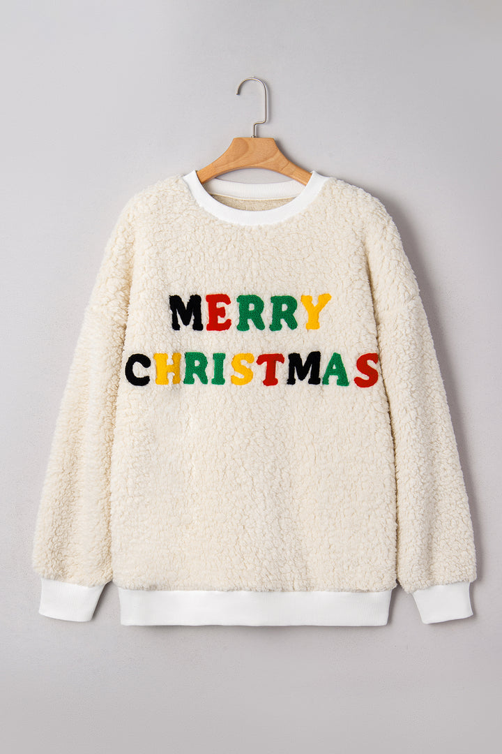 White MERRY CHRISTMAS Multicolor Embroidered Sherpa Pullover Sweatshirt