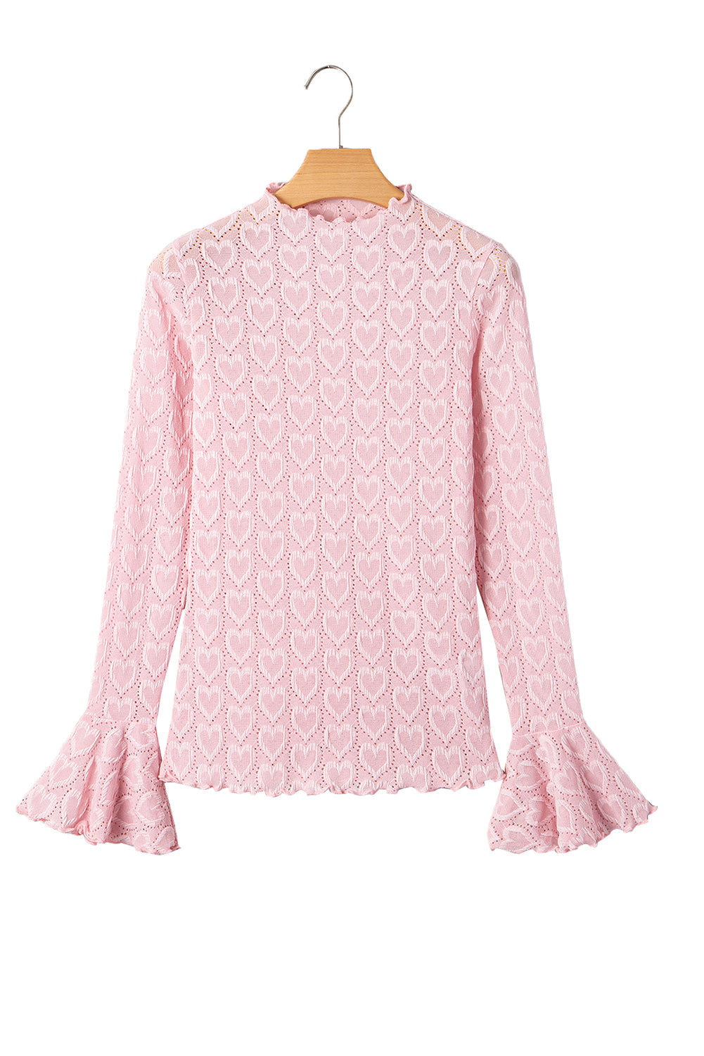 Heart Jacquard Flare Sleeve Mock Neck Fitted Top