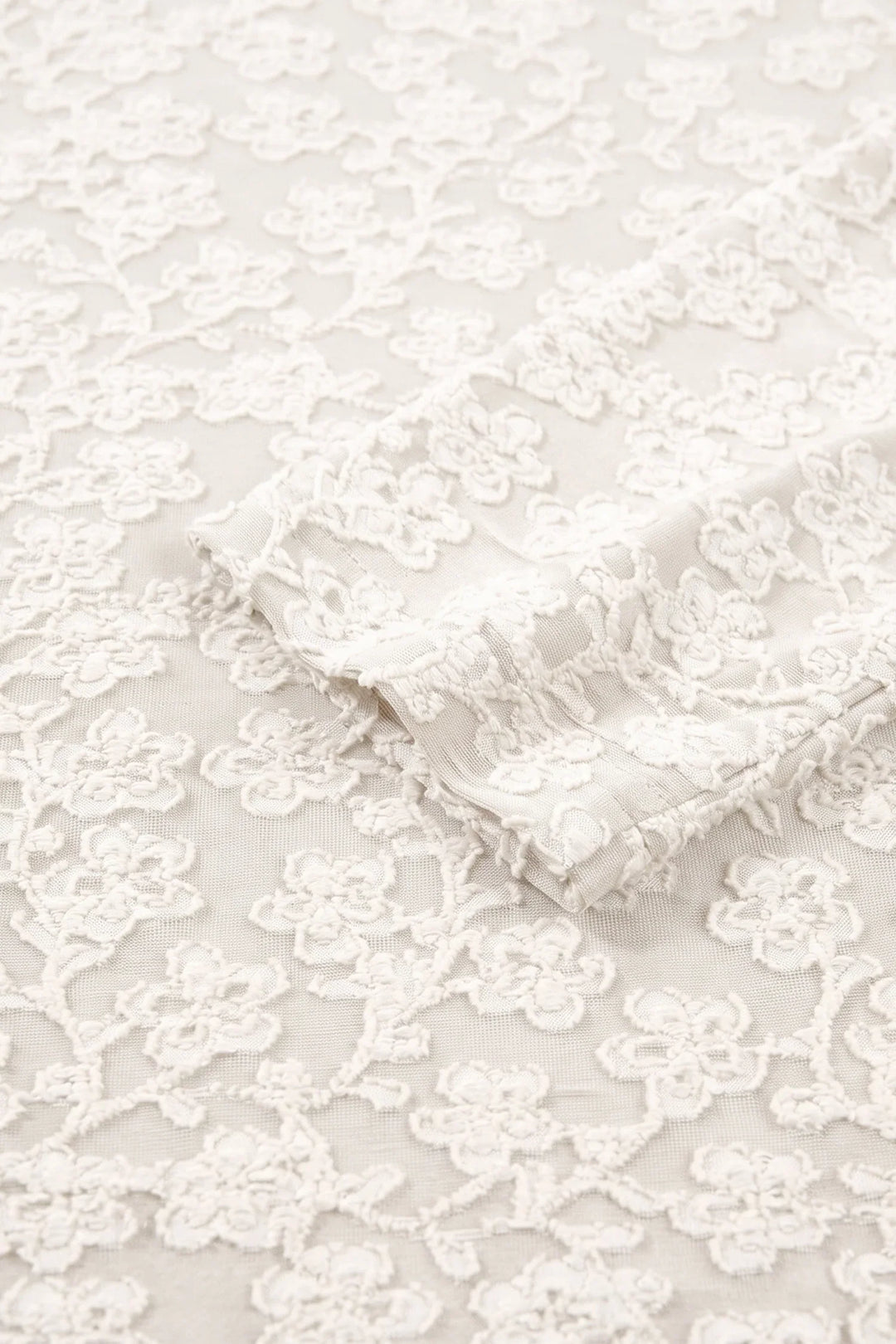 White Solid Color Floral Textured Long Sleeve Top