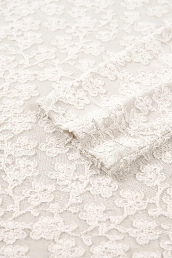 White Solid Color Floral Textured Long Sleeve Top