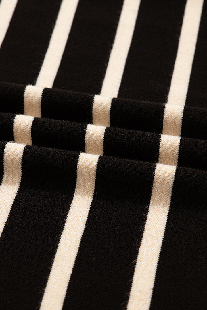 Black Stripe Polo Collar Puff Sleeve Sweater Mini Dress