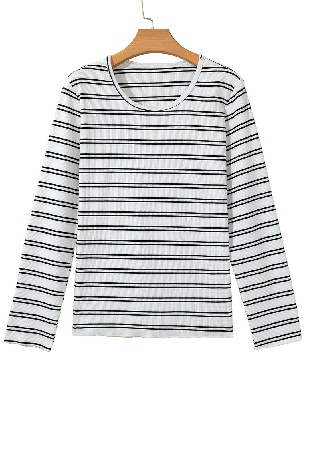 Beige Stripe Ribbed Knit Round Neck Long Sleeve Top