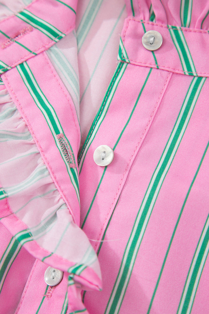 Pink Stripe Ruffle Trim Half Button Short Puff Sleeve Blouse