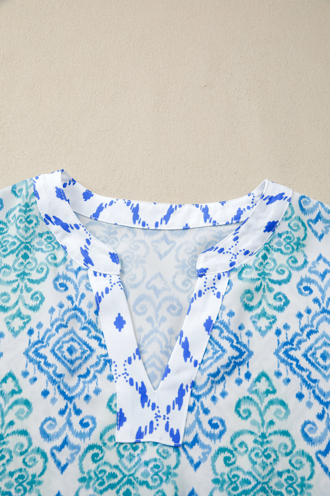 Sky Blue Boho Floral Geometric Patchwork Short Puff Sleeve Babydoll Blouse