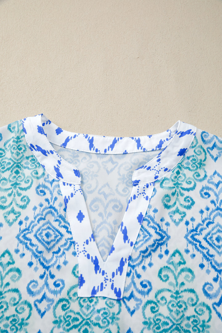 Sky Blue Boho Floral Geometric Patchwork Short Puff Sleeve Babydoll Blouse