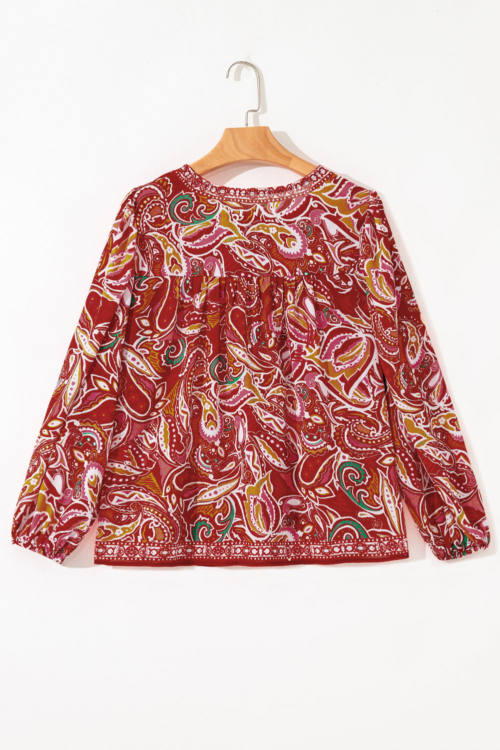Ethnic Paisley Print Tassel Tie Puff Sleeve Boho Blouse