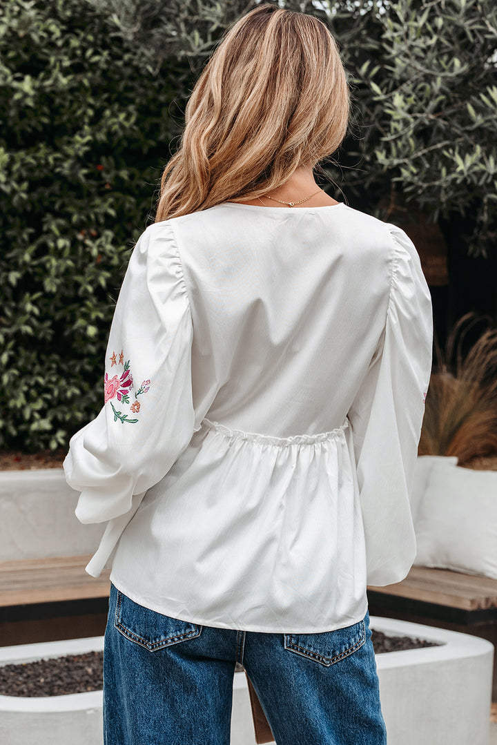 Flower Print Lace-up V Neck Babydoll Blouse