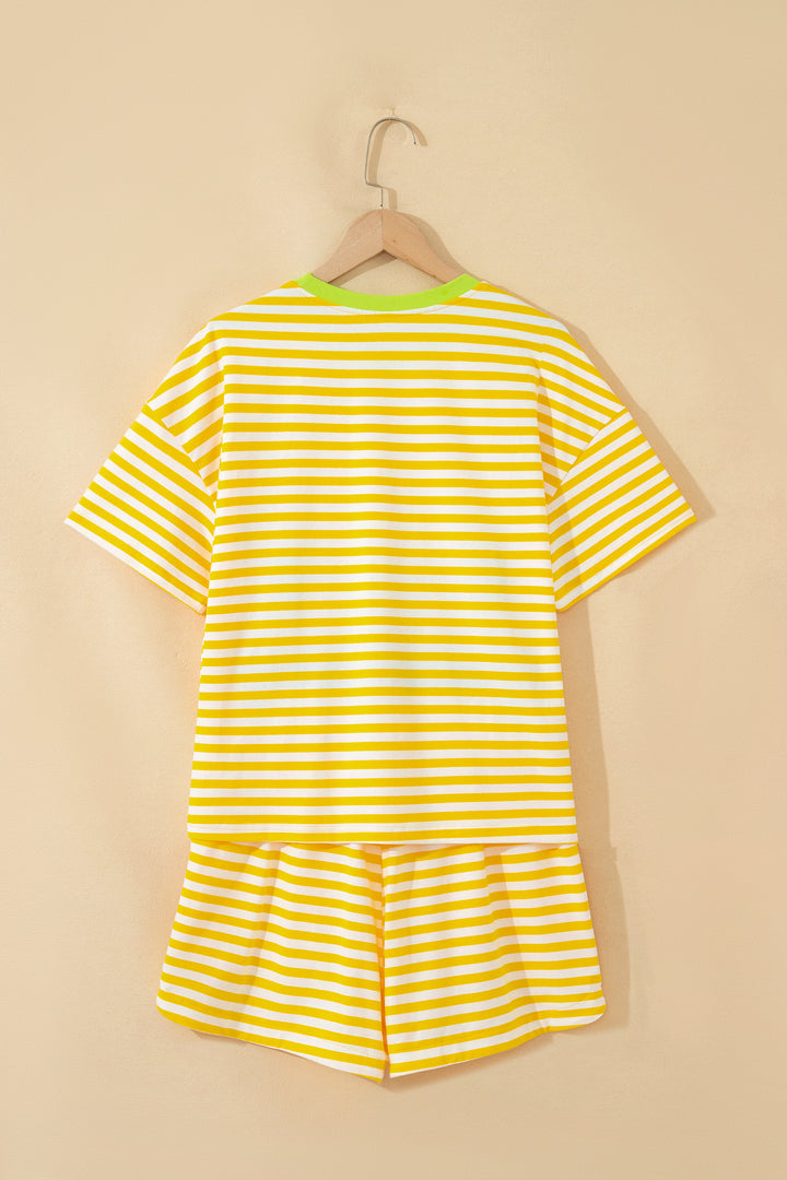 Yellow Stripe Contrast Neck Loose Tee and Drawstring Shorts Set