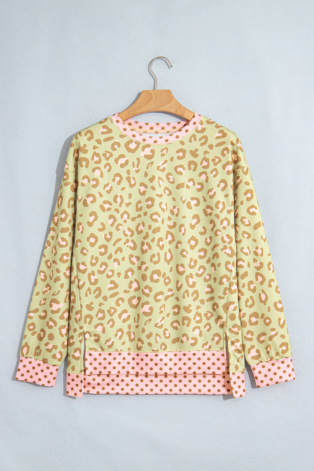 Khaki Leopard Polka Dot Colorblock Trim Long Sleeve Top