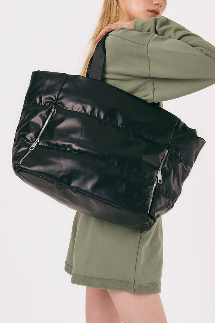 Solid Zipper Puffer Large Tote Bag