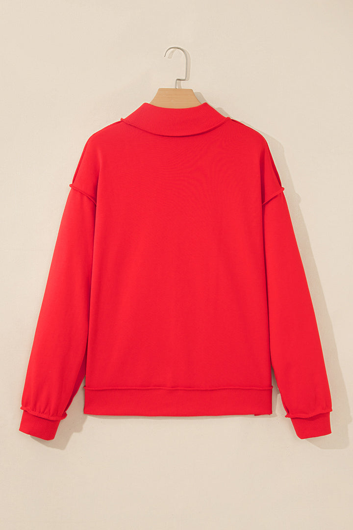 Fiery Red Embroidered Merry Slogan Stand Neck Long Sleeve Shift Sweatshirt