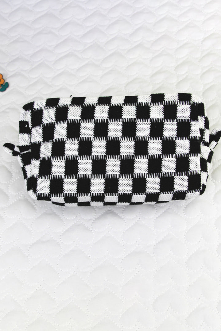 Checkered Knitted Zipper Makeup Bag