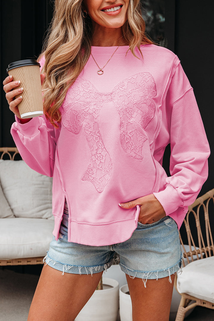 Lace Insert Bow Embroidered Exposed Seam Sweatshirt