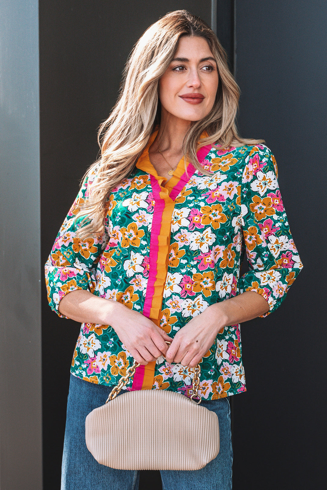 Floral Print Contrast Trim Frilled V Neck 3/4 Sleeve Blouse