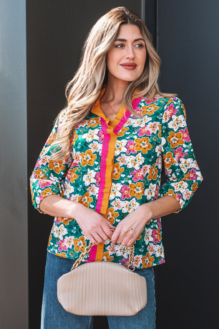 Floral Print Contrast Trim Frilled V Neck 3/4 Sleeve Blouse