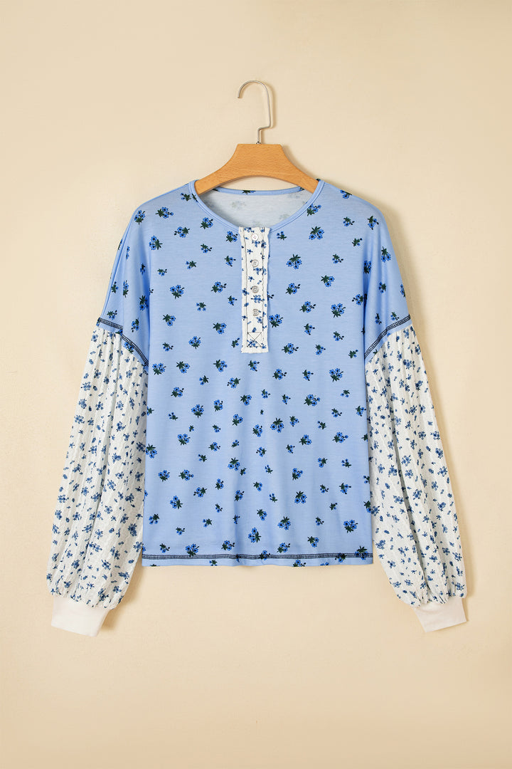 Sky Blue Floral Print Contrast Long Sleeve Tops